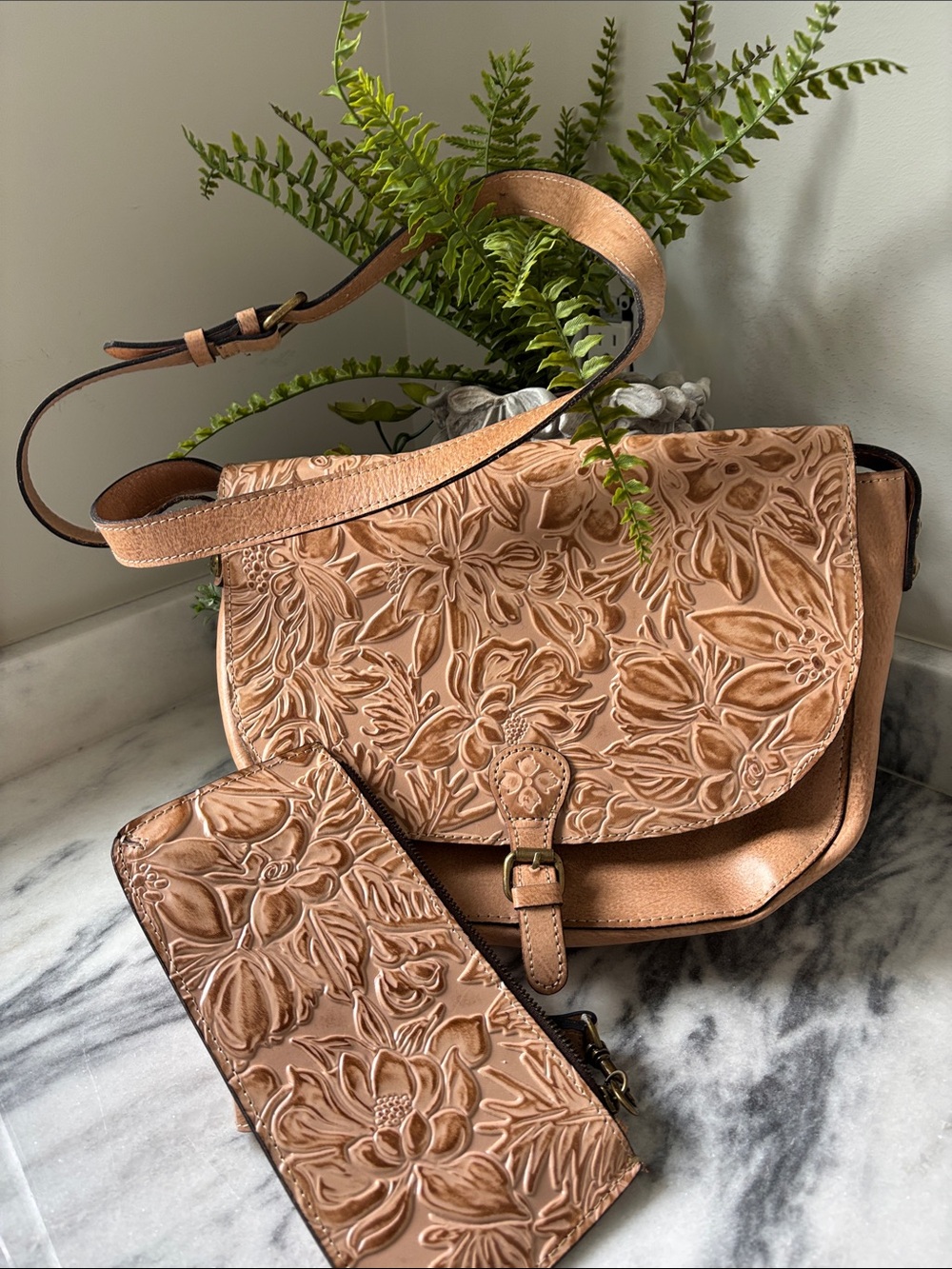 Patricia Nash Embossed Floral Leather Crossbody in Nude